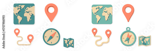 Collection of global travel navigation icons featuring world maps location pins compass and winding route paths for journey planning