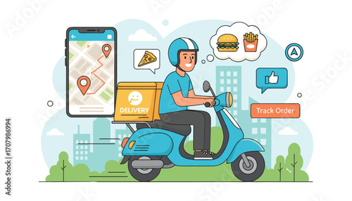 Fast food delivery illustration: A cartoon illustration showcasing a delivery person on a scooter, symbolizing convenience and speed of food transportation with app tracking on phone and fast food