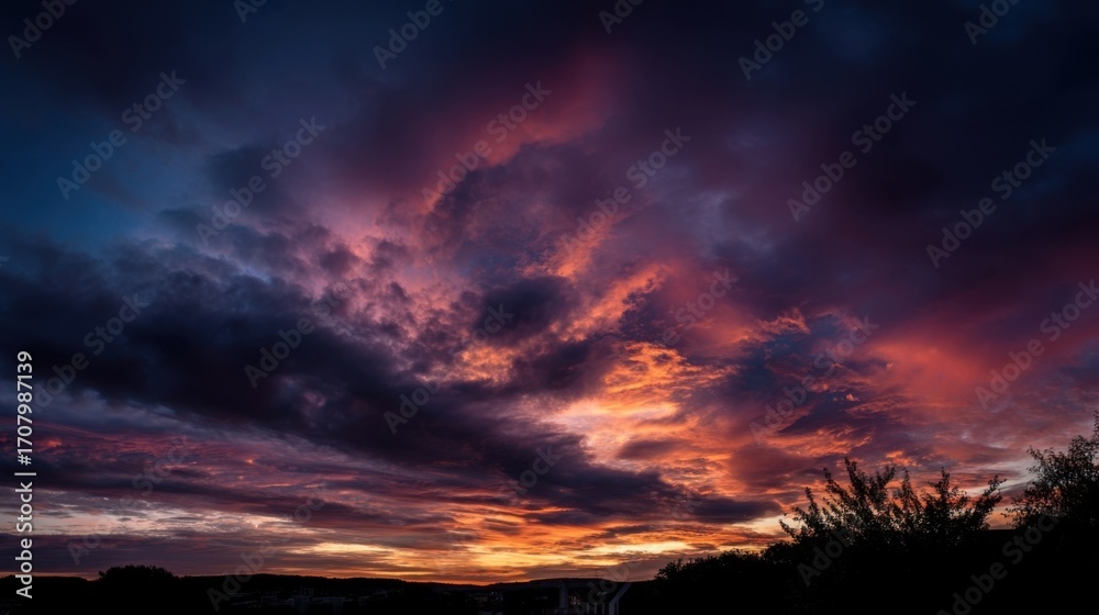 Fototapeta premium Dramatic sunset with vibrant orange, pink, purple, and blue hues, dark clouds contrast silhouetted trees,