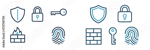 Digital security and data protection icons set with shield, padlock, key, firewall, and fingerprint symbols