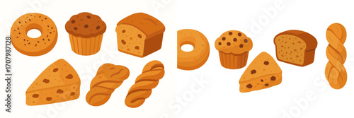 Delicious assortment of freshly baked goods including bagels muffins bread loaves and twisted pastries