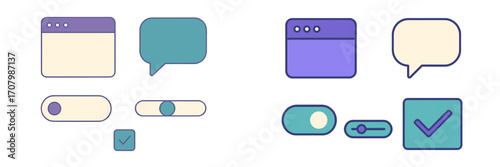 User interface elements for web and app design including windows, chat bubbles, and interactive toggles
