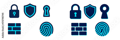 Digital security and data protection concepts featuring lock, shield, keyhole, firewall, and fingerprint