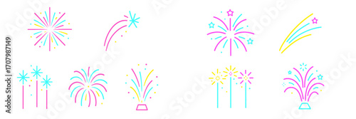 Vibrant festive fireworks and sparklers icons set for celebration events, holiday parties, and special occasions with bright colors