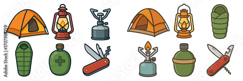 Camping and outdoor adventure equipment for hiking, backpacking, and wilderness exploration, featuring essential gear for nature trips