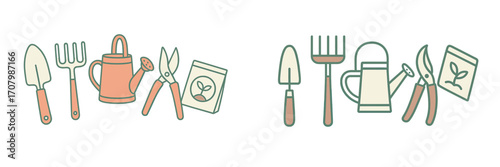 Collection of essential gardening tools and equipment for planting, cultivating, and maintaining plants and flowers in a home garden