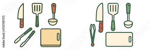 Essential kitchen tools for cooking and food preparation including knife, spatula, ladle, tongs, and cutting board set