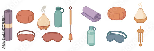 Collection of wellness and relaxation items including yoga mats, meditation cushions, essential oil diffusers, water bottles, and sleep masks