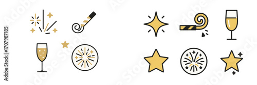 Champagne glasses, sparkling stars, firework bursts, and party noisemakers for festive celebrations and holiday events