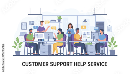 Customer Support Team Illustration: Depicting a modern customer support environment with dedicated agents and supervisors, showcasing collaborative problem-solving and efficient service delivery. 