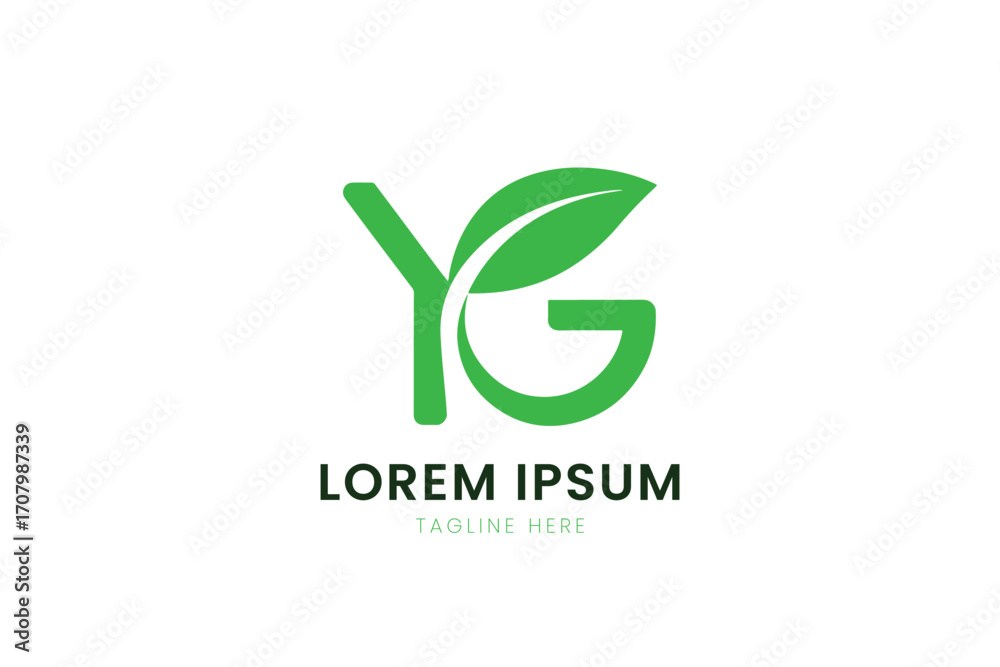 Fototapeta premium Modern minimalist green yg logo with leaf element and lorem ipsum text