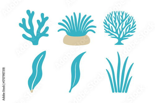 Vibrant stylized marine flora collection featuring diverse coral, sea anemone, and aquatic plant elements for ocean themes and designs