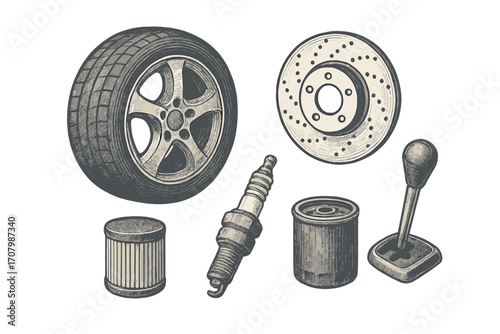 Automotive spare parts collection including tire, brake disc, spark plug, filters, and gear shift for vehicle maintenance