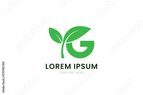 Minimalist green letter g logo with leaf accents and placeholder text