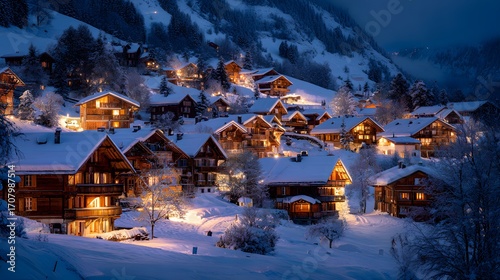 Idyllisches Bergdorf im Schnee mit festlicher Beleuchtung
