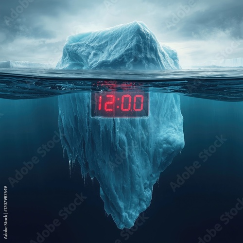 A striking iceberg partially submerged in water, displaying a digital clock reading 12:00, symbolizing time and environmental urgency.