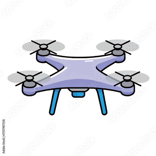 A sleek and modern cartoon vector illustration of a light purple drone with four propellers and blue landing legs, symbolizing technology, aerial photography, and innovation.
