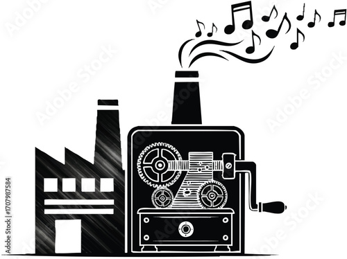 Black and white illustration of a music production factory with a vintage industrial machine generating sound waves and musical notes