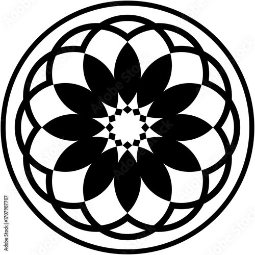 Black color decorative illustration, abstract circular motif features layered floral-like shapes surrounding star-shaped center, all inside an outer circle with isolated background.