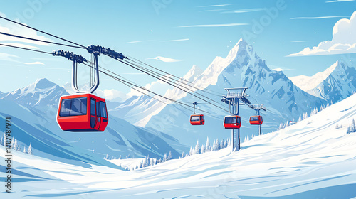 Ski resort landscape posters set. Snowy peaks of mountains. Ski elevators. Winter sport travel adventure and holidays concept. Flat cartoon minimalism vector illustration