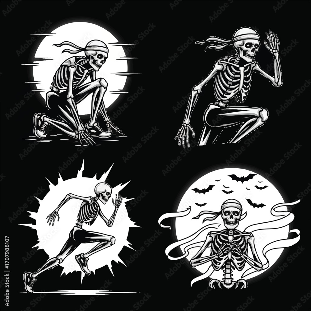 Fototapeta premium Four stylized illustrations of skeletons in running poses, set against circular backgrounds with various effects.