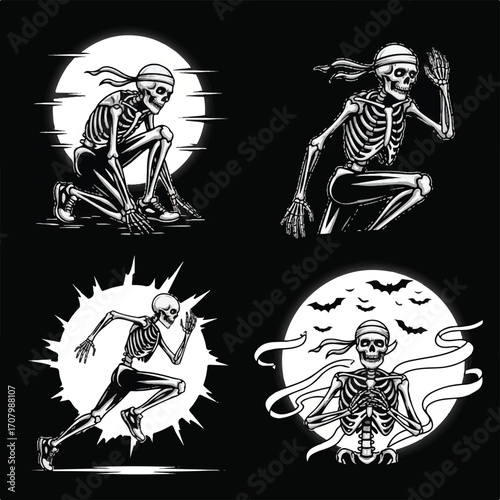 Four stylized illustrations of skeletons in running poses, set against circular backgrounds with various effects.