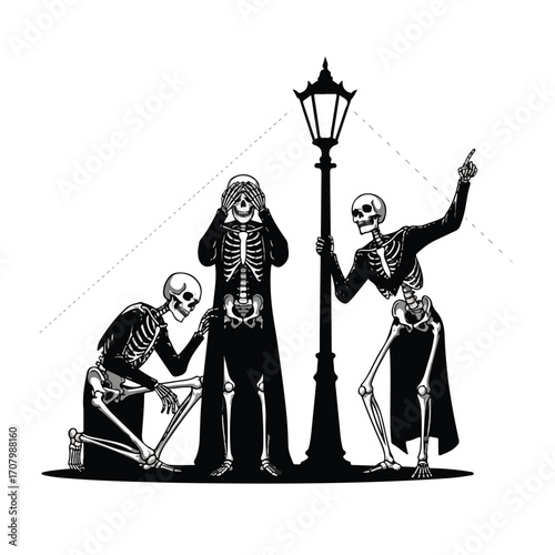 Three cloaked skeletons interacting with a lamppost, one covering eyes, one pointing, and one examining the ground.