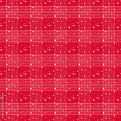 Plaid pattern with twill weave in red with white snow.Christmas, winter tartan check seamless pattern.Vector illustration geometric background for fabric and prints.