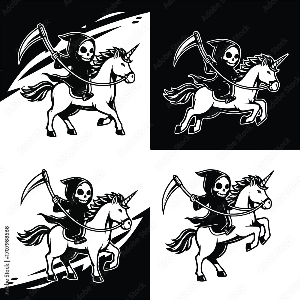 Obraz premium Grim Reaper riding a unicorn in four different black and white variations.