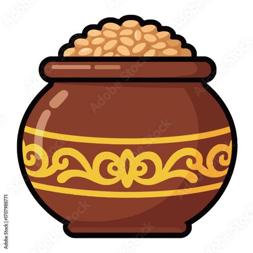 A simple cartoon illustration of a clay pot filled with grains, representing food, cooking, and traditional dishes.