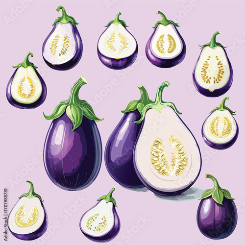 A fresh set of eggplant (aubergine) illustrations, shown whole and sliced. Detailed, hand-drawn vegetable art perfect for Mediterranean recipes, menus, or market flyers.