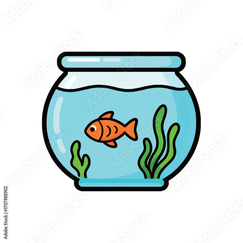 A simple cartoon illustration of a small goldfish in a round fishbowl with aquatic plants, perfect for pet, hobby, or home decor concepts.