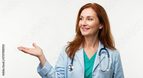 Friendly medical professional with stethoscope presents something with an open hand in front of a white background.