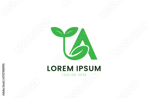 Modern green leaf letter a logo design for eco-friendly brands and growth concepts