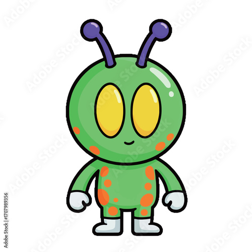A simple cartoon illustration of a cute green alien with big yellow eyes and orange spots, perfect for sci-fi, kids' content, or space-related themes.