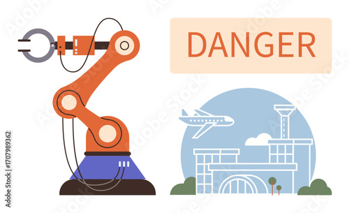 Industrial robotic arm near airport infrastructure with bold danger sign, linking automation and safety. Ideal for industry, robotics, automation, technology, safety, travel, and risk concepts