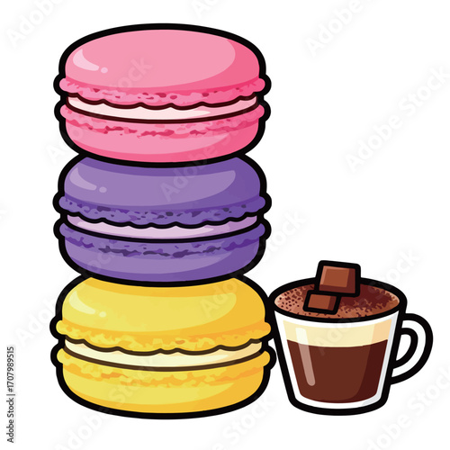 A stack of delicious and colorful cartoon macarons next to a cup of hot chocolate, perfect for dessert, food, or cafe themes.