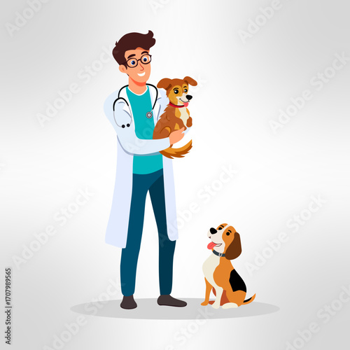 A cartoon illustration of a male veterinarian standing with a friendly smile. He is wearing a white coat, has a stethoscope hanging from his neck, and is holding a cheerful little brown dog.