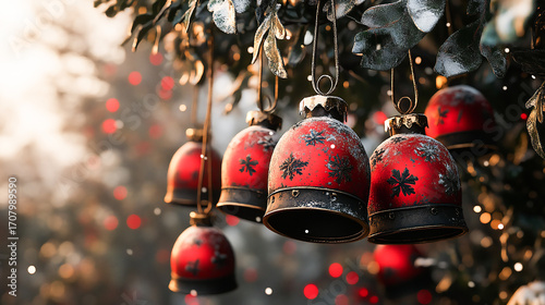 Snowdusted red and black Christmas bells hanging from a tree, 3D illustration, background, no blur, photo not dark, everything is clear, copy space