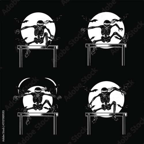 A black and white illustration of a skeleton jumping over a hurdle in front of a full moon.
