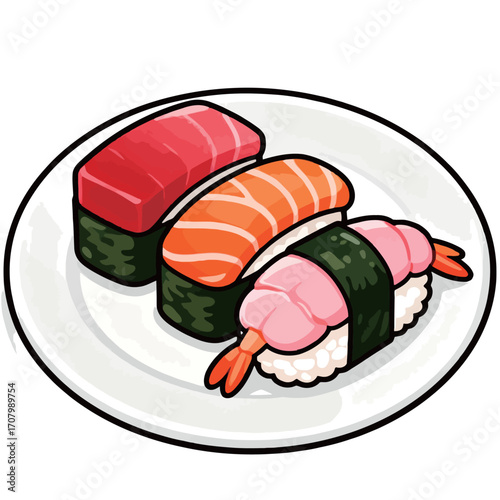 A simple cartoon illustration of a plate with three pieces of sushi, including tuna, salmon, and shrimp, perfect for Japanese food and cuisine concepts.