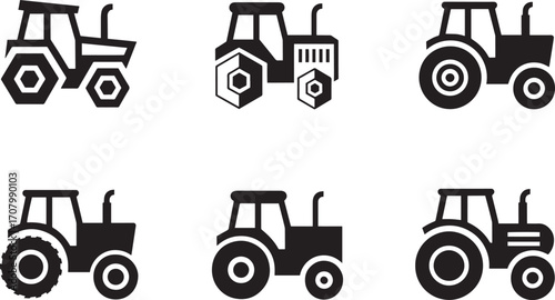 Agricultural Tractor Icons Set Farm Vehicle Machinery Silhouette Isolated on Transparent Background