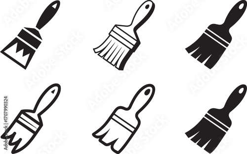 Assortment of Black and White Paint Brush Icons Displaying Different Bristle Styles for Artistic Projects