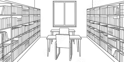 Library interior graphic black white modern sketch illustration vector 