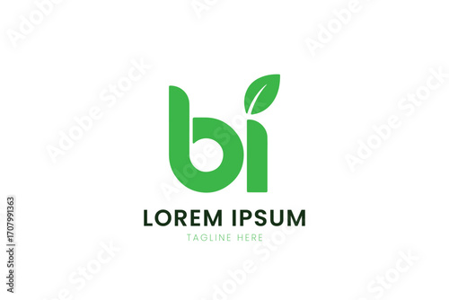 Minimalist green bi logo with leaf accents and placeholder text for branding