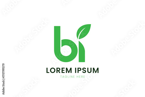 Minimalist green letter bi logo design with leaf accent for organic brands