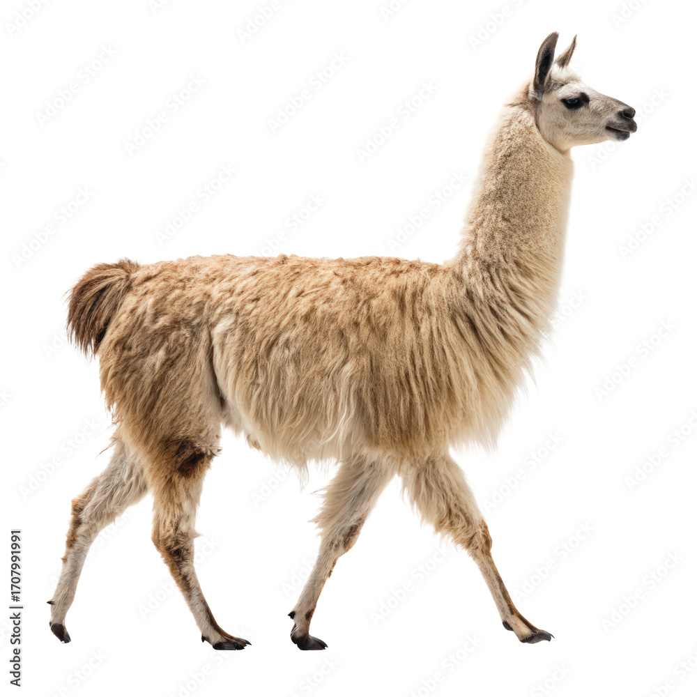 Fototapeta premium Llama walking in side view on png llama png walking png side view png animal png wildlife png transparent background