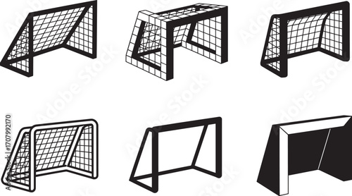 Detailed Soccer Goal Icon Set Black and White Football Net Collection on Transparent Background