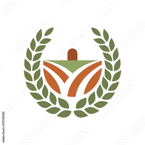Organic Farm Logo with Fields, House, and Laurel Wreath