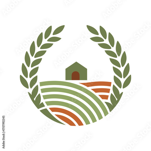 Organic Farm Logo with Fields, House, and Laurel Wreath